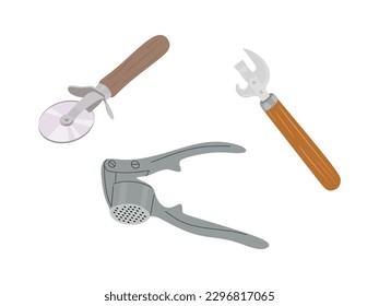 Kitchen tools set Garlic presser, Tin opener or can opener, Knife for cutting pizza. Kitchen utensils collection for convenient and proper cooking on white background. Flat cartoon vector illustration
