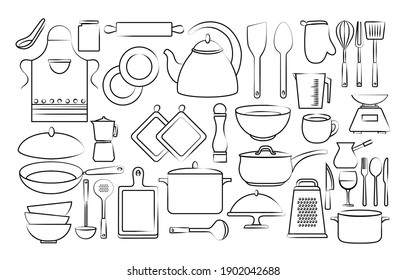 Kitchen tools set. Hand draw kitchen utensils icon collection with knife, pans, cup, teapot, grater, rolling pin, cutting board, cutlery. Cooking and kitchenware food. Household in flat cartoon style