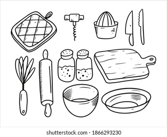 Kitchen tools set. Hand drawn doodles objects. Black color vector illustration. Isolated on white background.