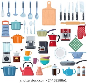 kitchen tools set icon. Kitchenware collection. Lots of kitchen tools, utensils, cutlery. Web page design template Poster banner website, UI, UX, mobile phone apps. Vector illustration in flat style.