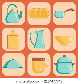 Kitchen tools set icon. Vector flat illustration Kitchenware collection. Cooking tools, utensils, cutlery.