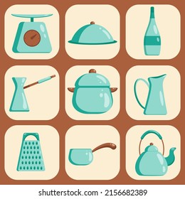 Kitchen tools set icon. Vector flat illustration Kitchenware collection. Cooking tools, utensils, cutlery.