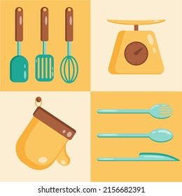 Kitchen tools set icon. Vector flat illustration Cooking tools, utensils, cutlery. Kitchenware collection. Kitchen scales, knife, spoon, fork, glove, spatula.