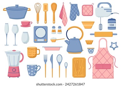 Küchenutensilien, Küchenutensilien, Zubehör zum Kochen, Backen, Topf, Handtuch, Mixer, Wasserkocher, Küchenwaagen, Besteck, Mixer, Schürze, Handschuh, Schüssel, Becher, flache Vektor-Illustration