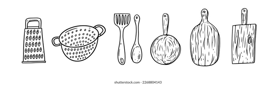 Kitchen tools set line black color sketch style vector art illustration