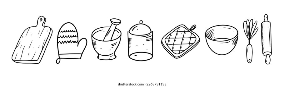 Kitchen tools set outline sketch style vector illustration