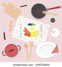 Kitchen tools set in red colors. Collection of kitchen utensils: cutting board, pan, pot, knives, spatula, plates, cup, pepper shaker. Breakfast set. Flat design vector illustration.