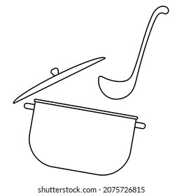 Kitchen tools set of saucepan and soup ladle outline simple minimalistic flat design vector illustration isolated on white background