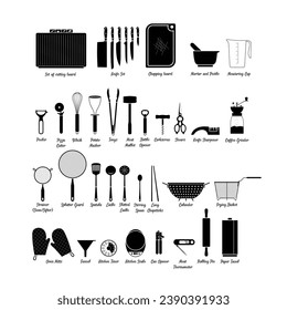 Kitchen tools set silhouette flat vector. Cooking utensils icon on white background for kitchen concept. Kitchen gadgets. Kitchenware