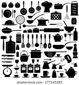 Kitchen tools, set, silhouette, isolated on white background, vector illustration.