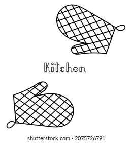 Herramientas de cocina conjunto de dos guantes de horno y de la cocina con letras hechas a mano esquema de la palabra diseño simple minimalista plano ilustración vectorial aislado en fondo blanco