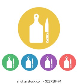 Kitchen tools set of vector colored round icons, cutting board and knife
