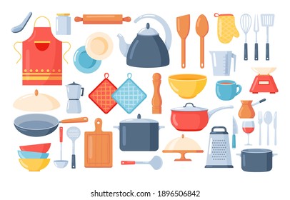 Kitchen tools set.Kitchen utensils icon collection with knife, spoon, fork, pans, cup, teapot, grater, rolling pin, cutting board, cutlery. Cooking and kitchenware food.Household in flat cartoon style