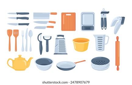 Kitchen tools set.Kitchen utensils icon collection with knife, spoon, fork, pans, cup, teapot, grater, rolling pin, cutting board, cutlery. Cooking and kitchenware food.Household in flat cartoon style