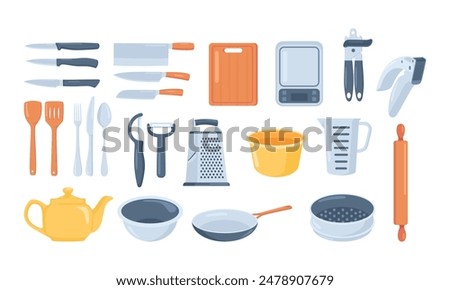 Kitchen tools set.Kitchen utensils icon collection with knife, spoon, fork, pans, cup, teapot, grater, rolling pin, cutting board, cutlery. Cooking and kitchenware food.Household in flat cartoon style