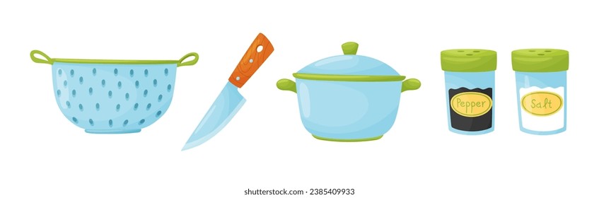Kitchen Tools with Sieve, Knife, Pot and Salt with Pepper Vector Set