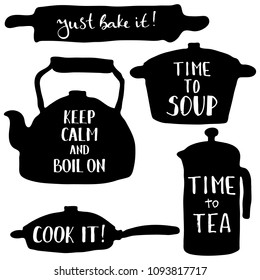 Kitchen tools silhouette. Hand-drawn doodle pattern is perfect for the design of printed products, website, accessories.