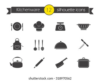 Kitchen tools silhouette icons set. Household kitchen items. Kitchenware black symbols. Restaurant cooking utensil. Chef hat and butcher cleaver emblem. Corkscrew opener. Isolated vector illustrations