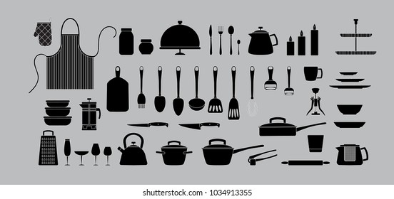 Kitchen tools silhouette set. Kitchenware, tableware, cookware collection. Black cooking tools, utensils, cutlery isolated. Cartoon flat illustration. Logo, icon set