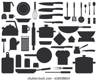 Kitchen tools silhouette set. Kitchenware collection. Black cooking tools, utensils, cutlery isolated on white background. Monochrome vector illustration