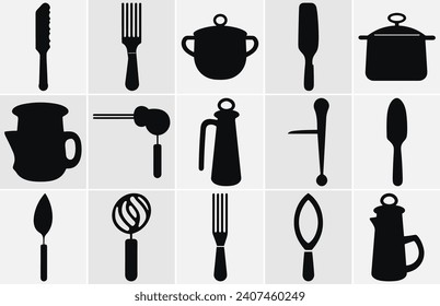 Kitchen tools silhouette, Kitchen utensils silhouette-Vector Silhouette.