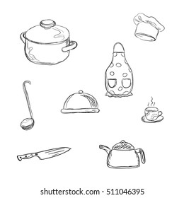 kitchen tools, sketch style, vector illustration