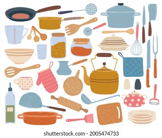 Kitchen tools. Spatula, spoon, pan, knife, bowl, dishes. Flat cartoon kitchenware, cookware, cooking and baking equipment vector set. Culinary accessories and appliances for food cook