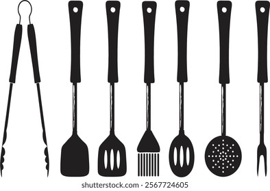 Kitchen tools or spatulas on white background. Kitchen utensils butcher tools or spatula silhouettes in vector EPS 10 file. BBQ and frying and baking, party cooking cutlery.