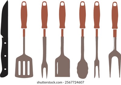 Kitchen tools or spatulas on white background. Kitchen utensils butcher tools or spatula silhouettes in vector EPS 10 file. BBQ and frying and baking, party cooking cutlery.