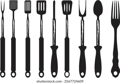 Kitchen tools or spatulas on white background. Kitchen utensils butcher tools or spatula silhouettes in vector EPS 10 file. BBQ and frying and baking, party cooking cutlery.