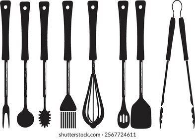 Kitchen tools or spatulas on white background. Kitchen utensils butcher tools or spatula silhouettes in vector EPS 10 file. BBQ and frying and baking, party cooking cutlery.