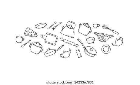 Kitchen tools and tableware doodle icon. Vector illustration set of elements cook.