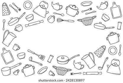 Kitchen tools and tableware doodle icon. Vector illustration set of elements cook.