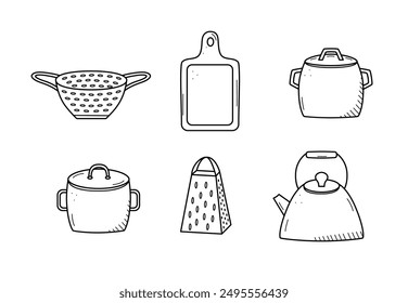 Herramientas de cocina y vajilla doodle icono. Ilustración vectorial conjunto de Elementos cocinar.