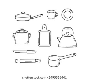 Herramientas de cocina y vajilla doodle icono. Ilustración vectorial conjunto de Elementos cocinar.