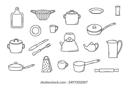 Herramientas de cocina y vajilla doodle icono. Ilustración vectorial conjunto de Elementos cocinar.