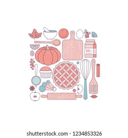 Kitchen tools Thanksgiving collection. Kitchenware set. Bakery objects. Pie making. Line art style. Vector illustration