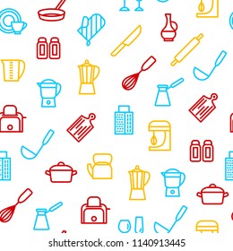 Kitchen Tools Thin Line Seamless Pattern Background on a White Include of Knife and Pan. Vector illustration of Utensil for Cooking