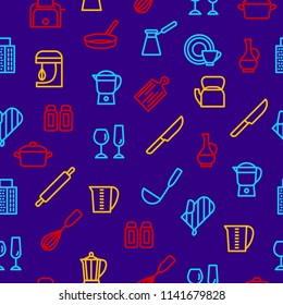 Kitchen Tools Thin Line Seamless Pattern Background Include of Knife and Pan. Vector illustration of Utensil for Cooking