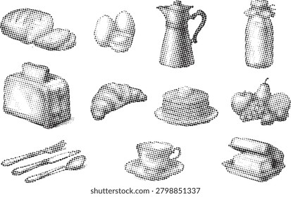 Kitchen tools toast bread cutlery jug cup and food collection halftone vintage style pop art vector graphic.