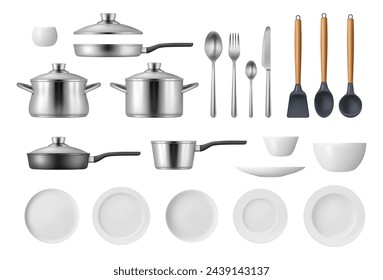 Kitchen tools and utensils for cooking and preparing food. Vector isolated realistic 3d cutlery and flying pans with lids, spatula and spoon. Fork and knife, plates and bowl for serving food