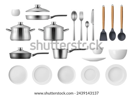 Kitchen tools and utensils for cooking and preparing food. Vector isolated realistic 3d cutlery and flying pans with lids, spatula and spoon. Fork and knife, plates and bowl for serving food