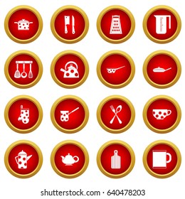 Kitchen tools and utensils icon red circle set isolated on white background