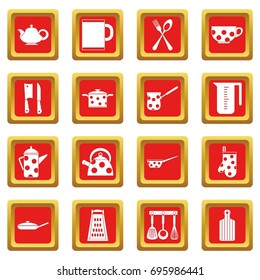 Kitchen tools and utensils icons set in red color isolated vector illustration for web and any design