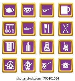 Kitchen tools and utensils icons set in purple color isolated vector illustration for web and any design