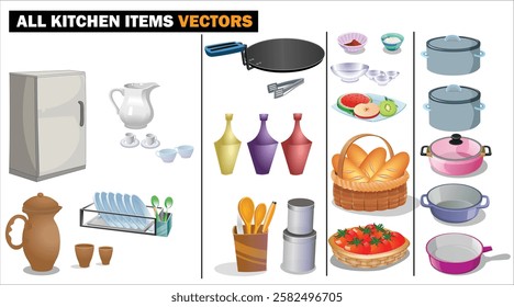 Kitchen tools. Kitchen utensils: kettle, plates, saucepan, frying pan, coffee pot, spoons, fork, mug, mixer, toaster. Cartoon vector illustration