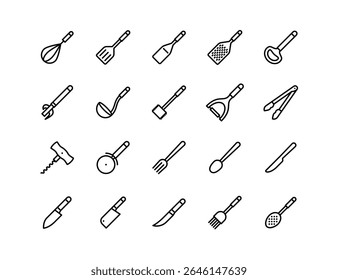 Conjunto de Ícones Vetoriais das Ferramentas de Cozinha | Espessura ajustável da linha | Faca, batedor, espátula, colher, ralador, concha, pinças, descascador, saca-rolhas, cutelo, cortador, garfo, utensílio ícones