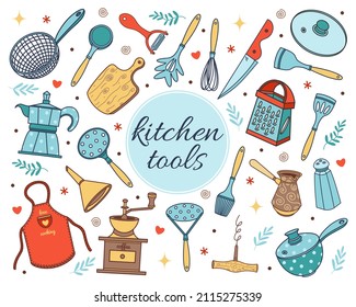 Kitchen tools vector icons set. Hand-drawn illustration isolated on white backdrop. Kitchenware - knife, grater, colander, grinder, whisk. Collection of color clipart for decoration, design