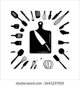 Kitchen tools vector illustration cutting board knife spatula whisk cooking utensils black and white graphic design