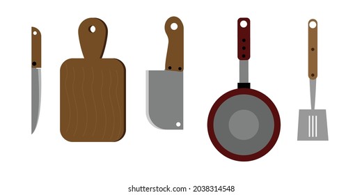 kitchen tools vector illustration. knife, cutting board, pan and sutil icon with colour.